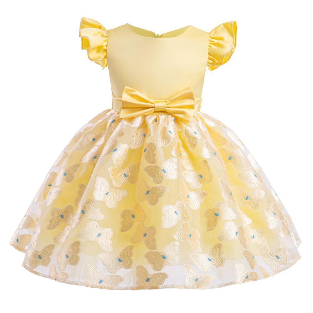 Sugar Rush - Appliqued Round Neck Cap Sleeves Party Dress - Yellow