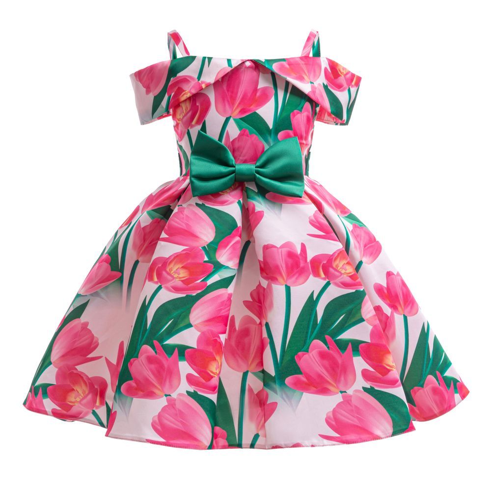 Sugar Rush - Floral Regular Square-neck Short Sleeves Party Dress - Fuchsia