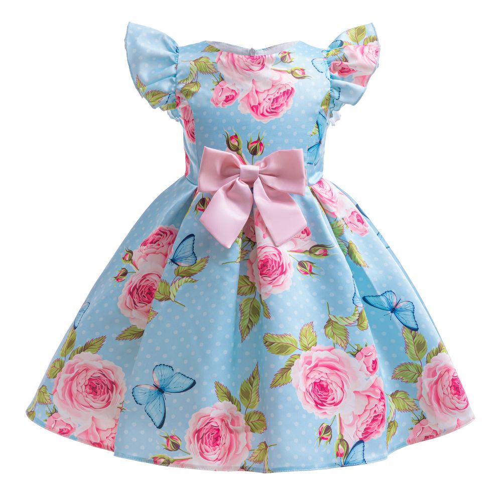 Sugar Rush - Floral Round Neck Cap Sleeves Party Dress - Blue