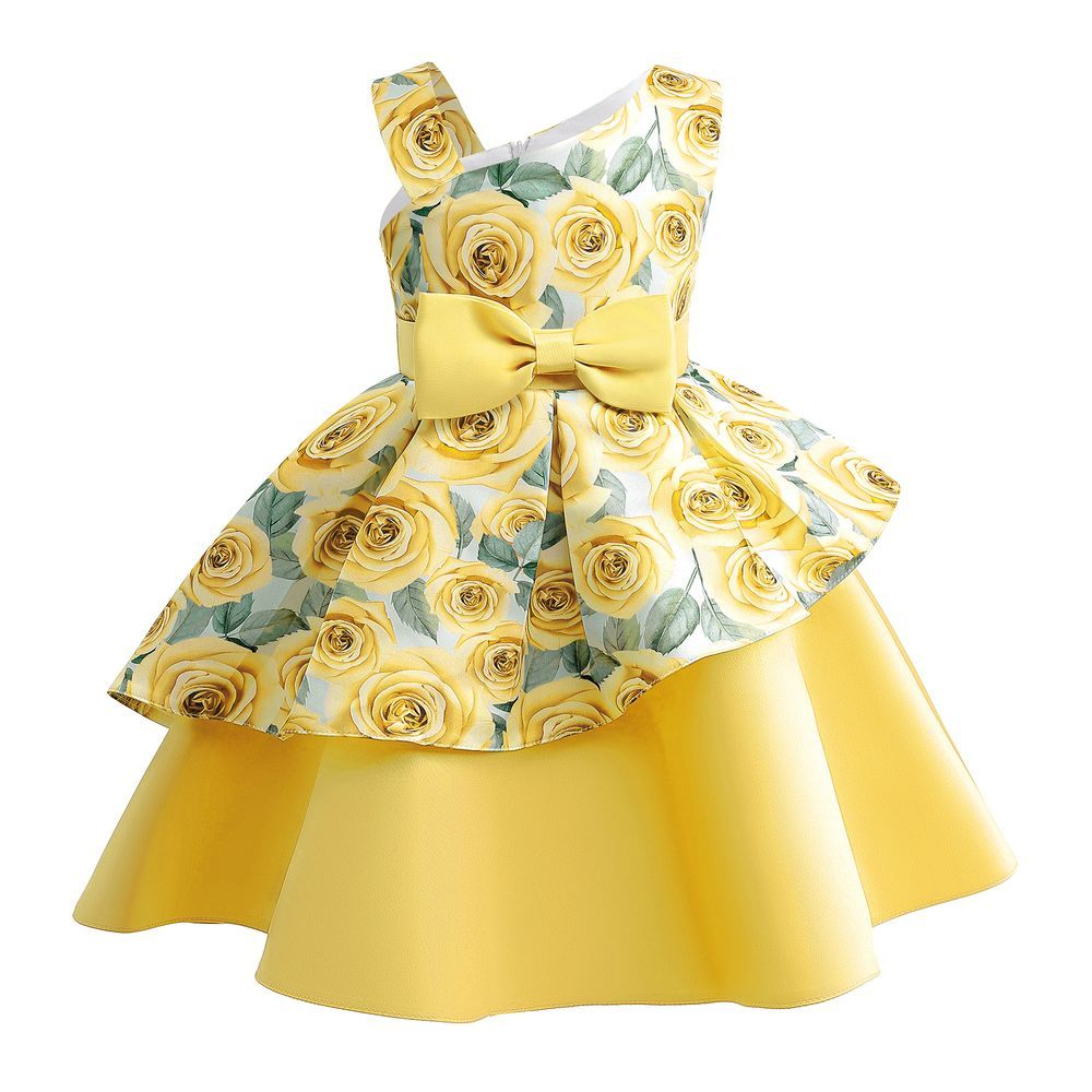 Sugar Rush - Floral V-neck Sleeveless Party Dress - Yellow