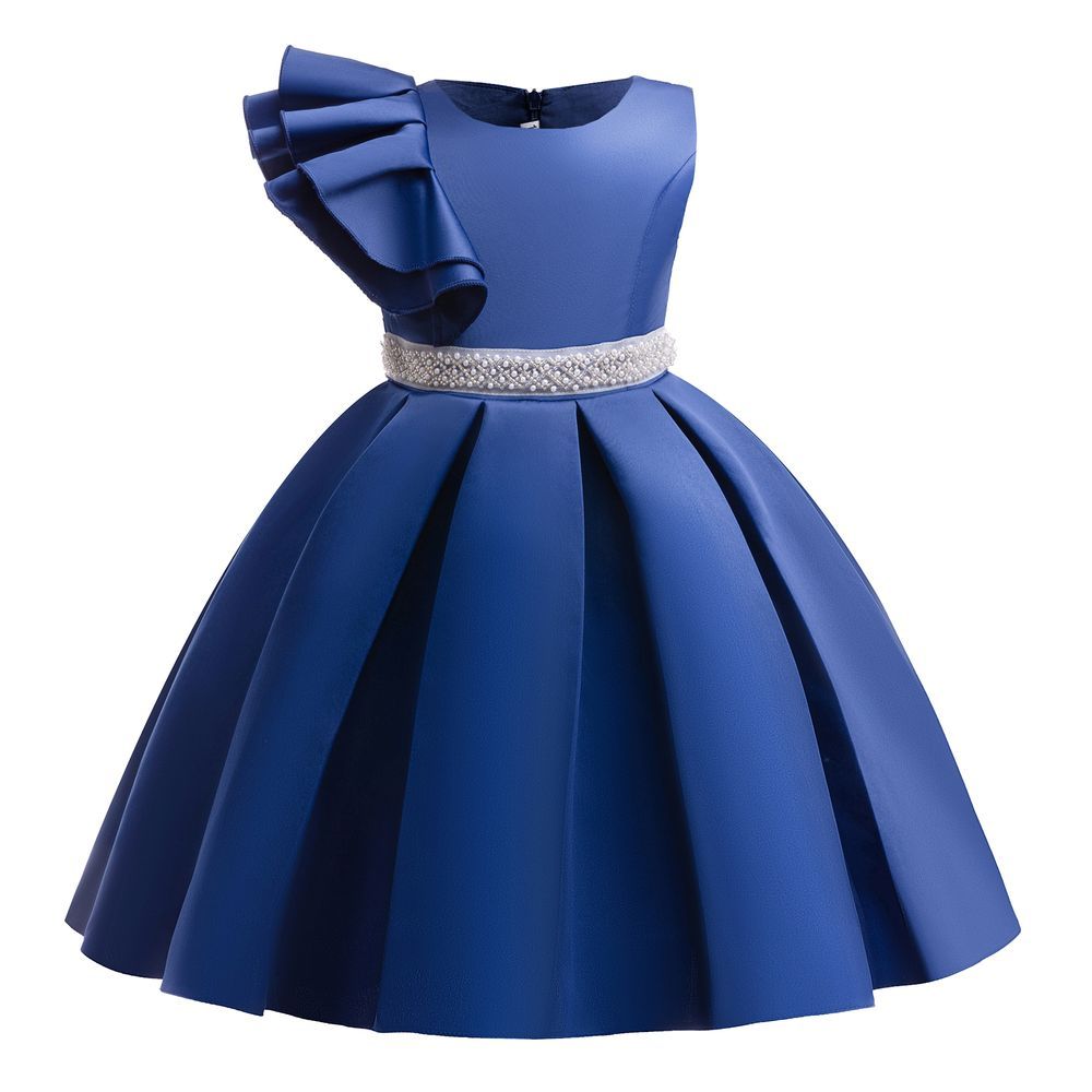 Sugar Rush - Appliqued Round Neck Cap Sleeves Party Dress - Blue