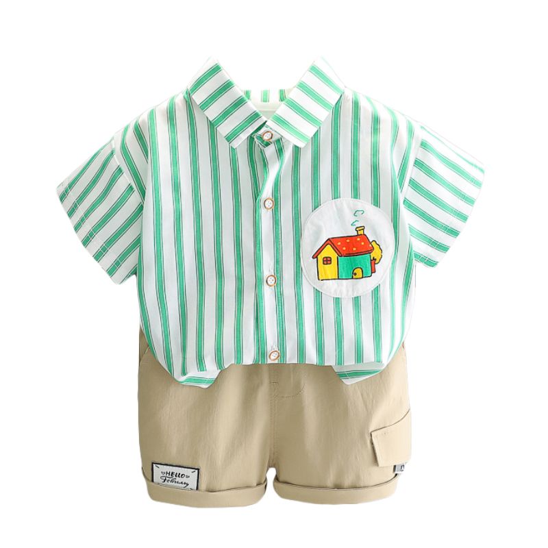 Sugar Rush - 2pc-Set - Boys' Striped Shirt And Shorts - Green/Beige