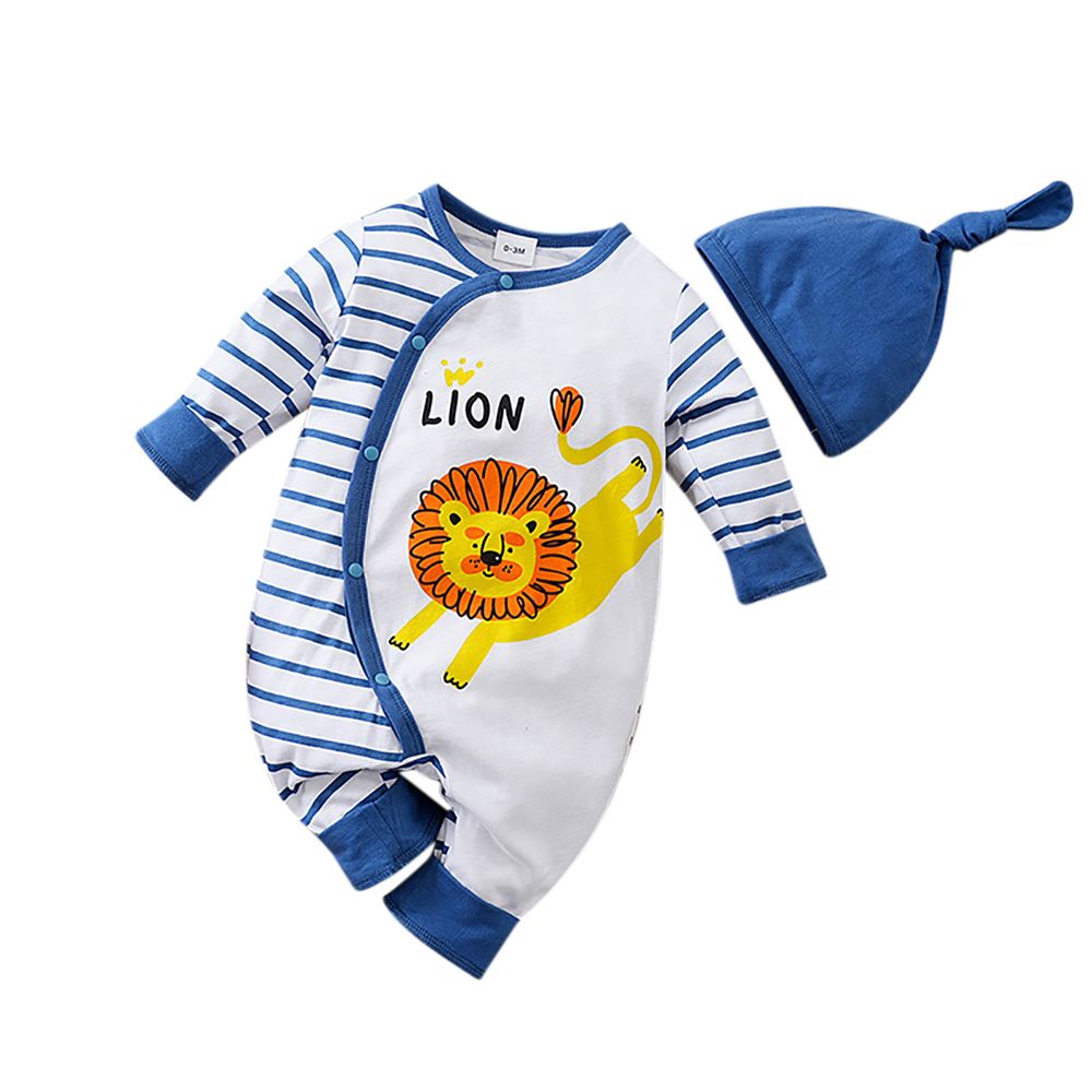 Sugar Rush - 2pc-Set - Lion Printed Romper And Hat - Blue/White