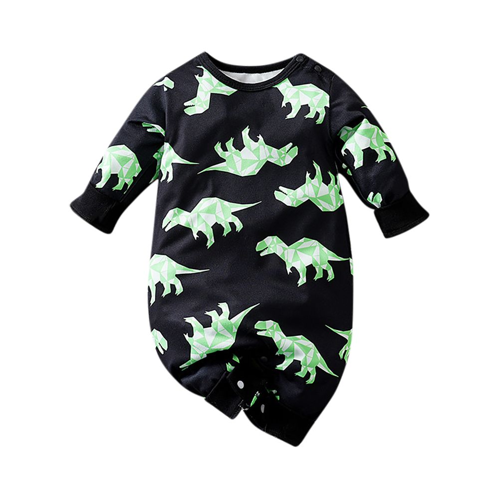 Sugar Rush - Dinosaur Printed Round Neck Romper - Black