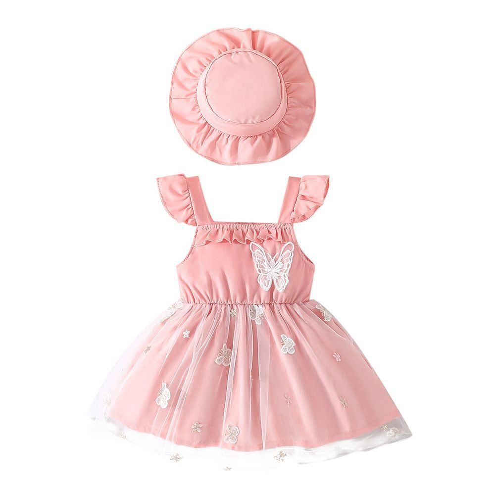 Sugar Rush - 2pc-Set - Butterfly Detail Flare Dress With Hat - Pink