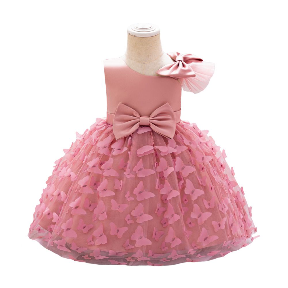 Sugar Rush - Appliqued Regular Round Neck Sleeveless Party Dress - Butterfly Pink