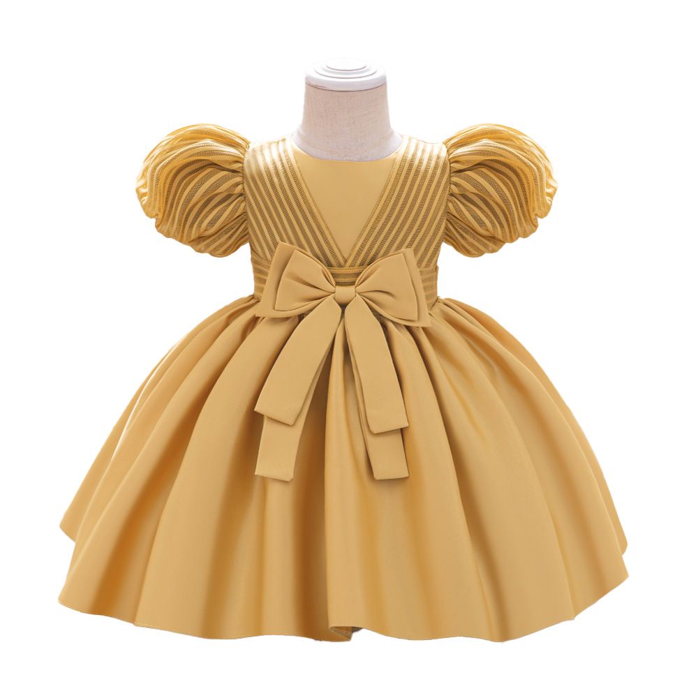 Sugar Rush - Appliqued Regular Round Neck Short Sleeves Party Dress - Golden