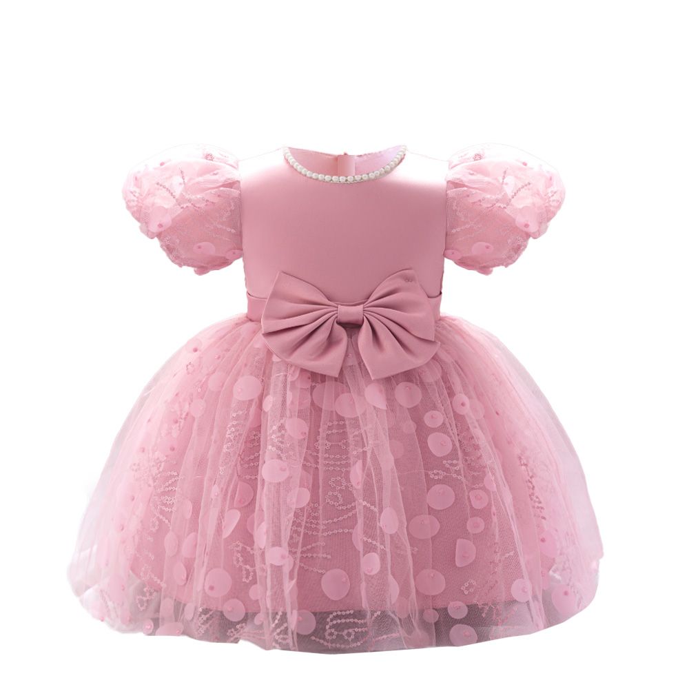 Sugar Rush - Appliqued Regular Round Neck Short Sleeves Party Dress - Pink