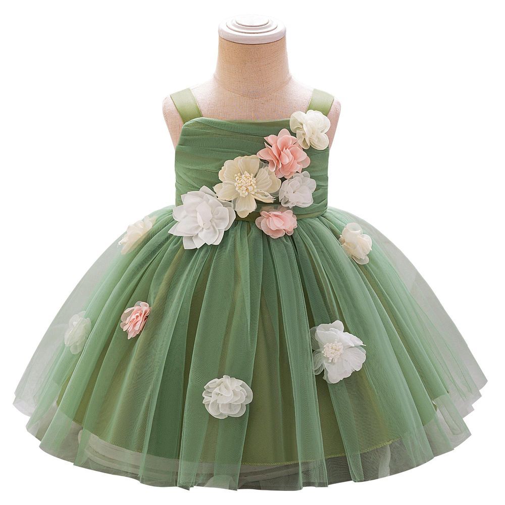 Sugar Rush - Floral Embellished Sleeveless Party Dress - Green