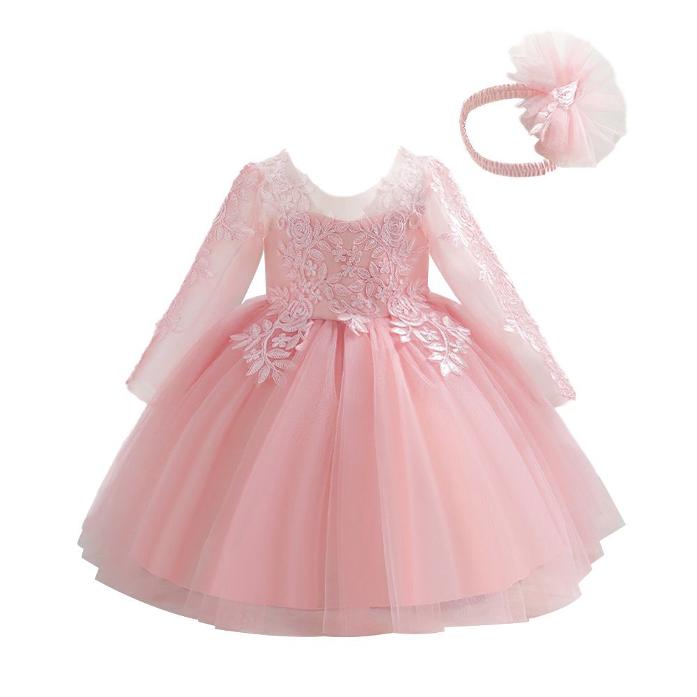 Sugar Rush - Laced Regular Round Neck Full Sleeves Party Dress - Pink