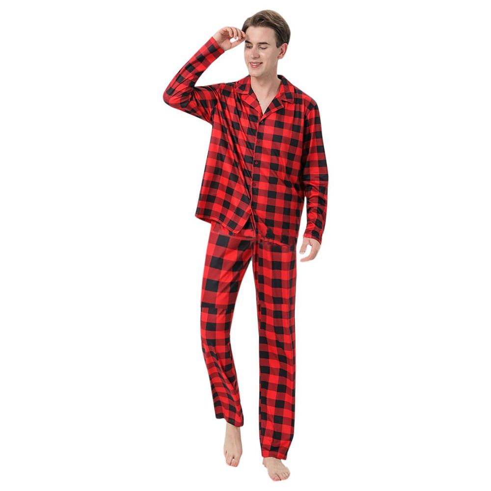 Sugar Rush - Men's Christmas Checked Regular Full Sleeves Top & Bottom Set - Red