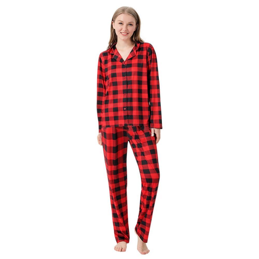 Sugar Rush - Women's Christmas Checked Regular Full Sleeves Top & Bottom Set - Red