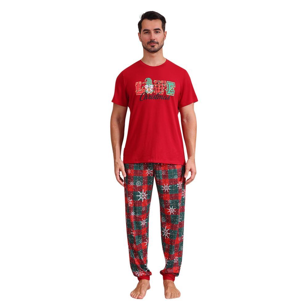 Sugar Rush - Men's Christmas Printed Regular Round Neck Short Sleeves Top & Bottom Set - Red