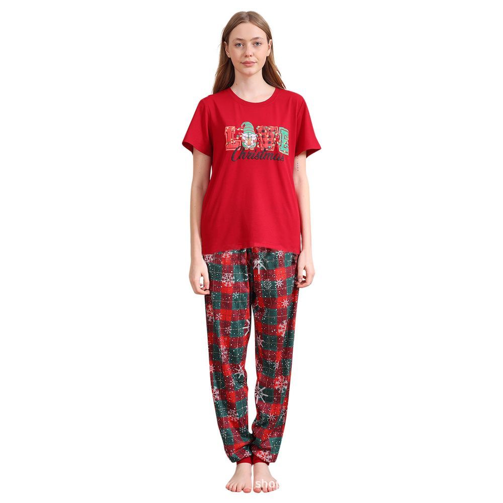 Sugar Rush - Women's Christmas Printed Regular Round Neck Full Sleeves Top & Bottom Set - Red