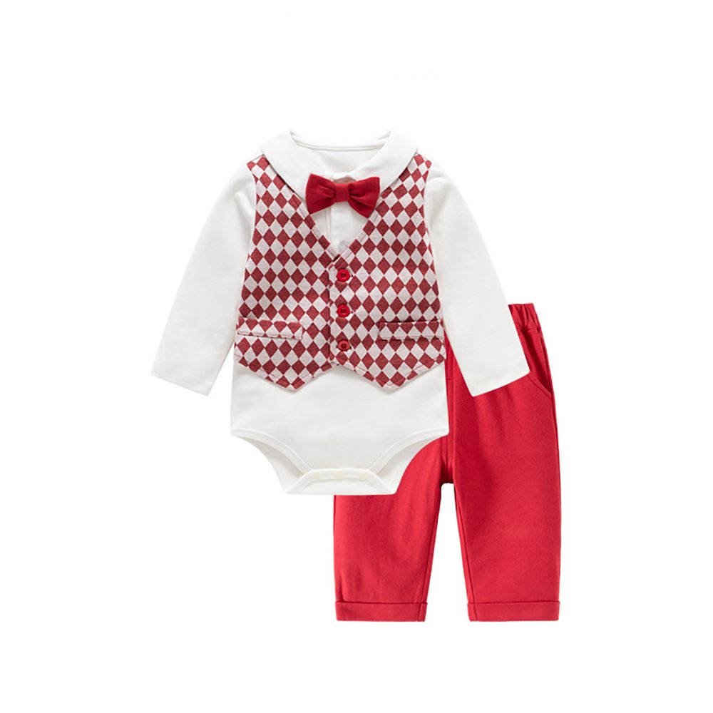 Sugar Rush - Checkered Round Neck Full Sleeves Top & Bottom Set - Red