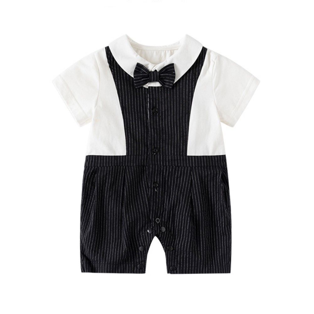 Sugar Rush - Striped Regular Round Neck Short Sleeves Romper - Black