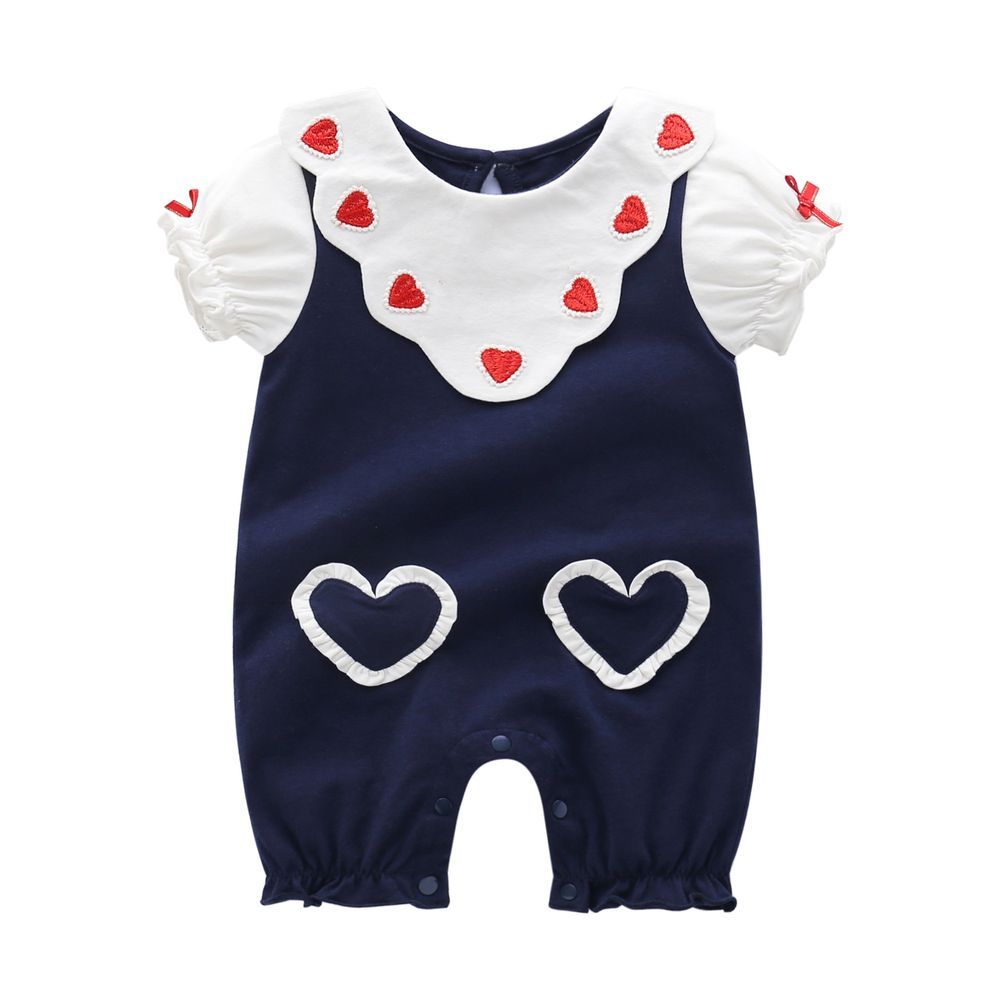 Sugar Rush - Appliqued Regular Round Neck Short Sleeves Romper - Navy Blue