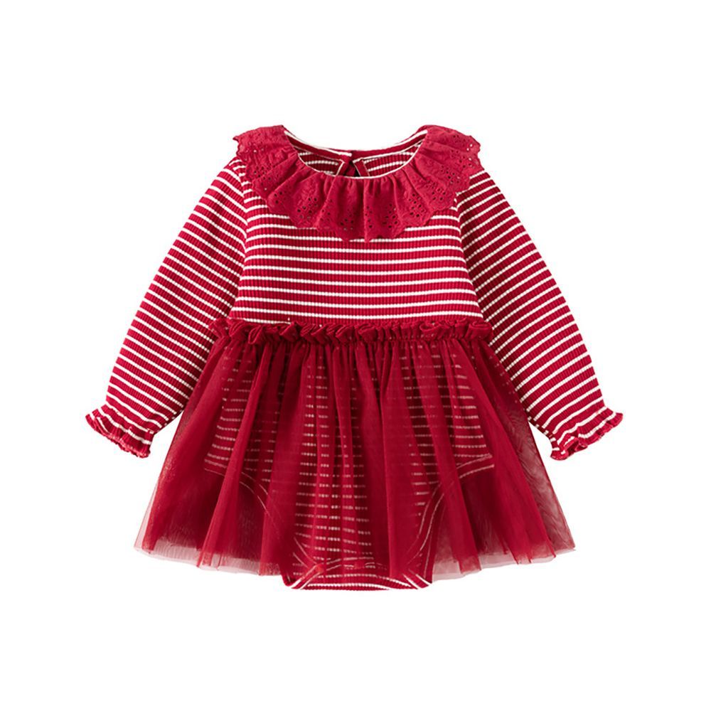 Sugar Rush - Girl's Skirted Long Sleeve Rompers - Red Stripes