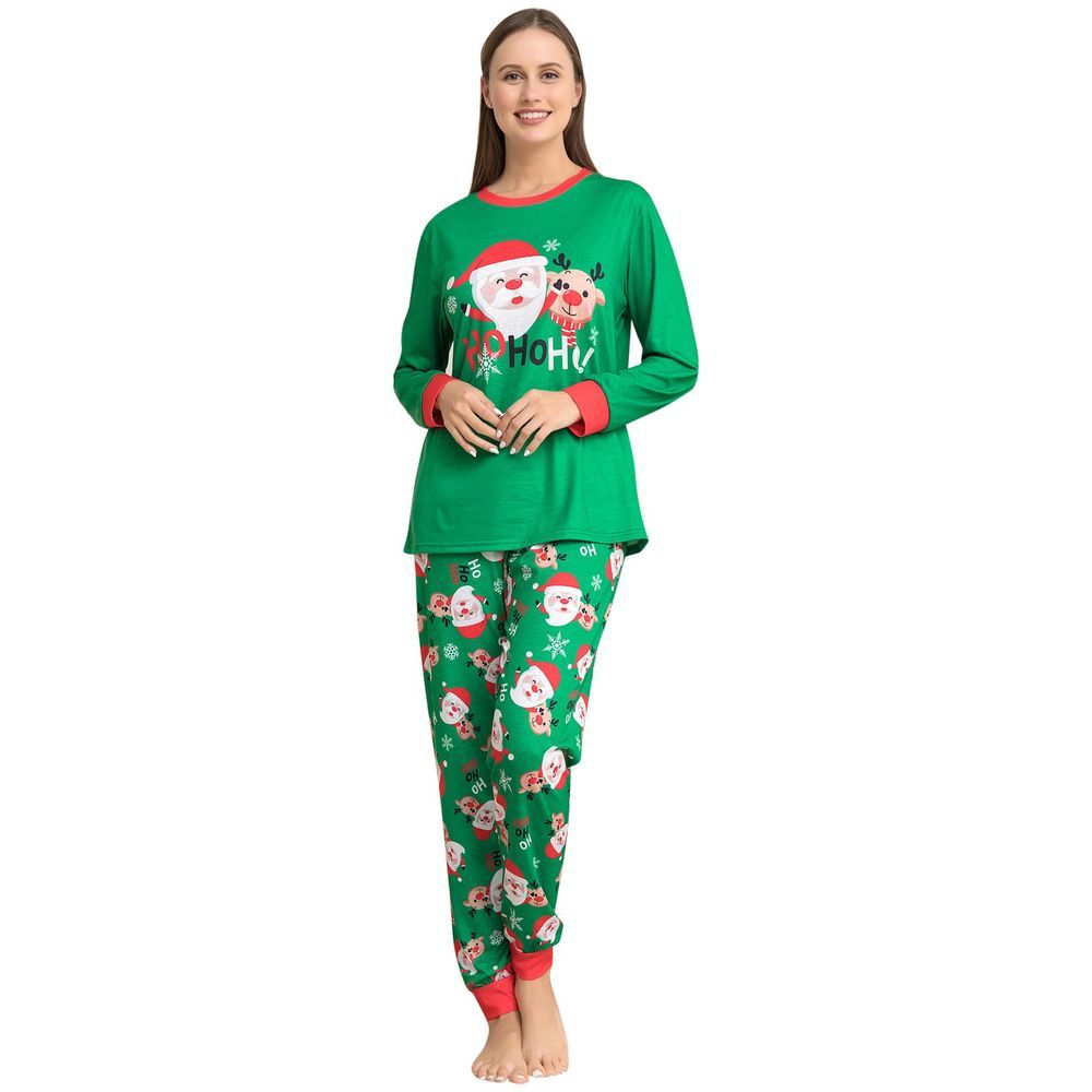 Sugar Rush - Women's Christmas Printed Regular Round Neck Full Sleeves Top & Bottom Set - Green