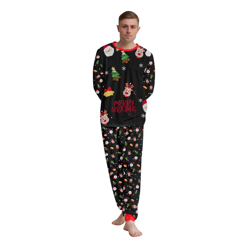 Sugar Rush - Men's Christmas Printed Regular Round Neck Full Sleeves Top & Bottom Set - Black