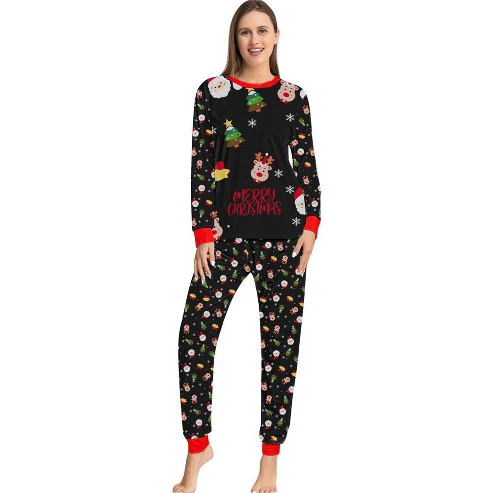 Sugar Rush - Women's Christmas Printed Regular Round Neck Full Sleeves Top & Bottom Set - Black