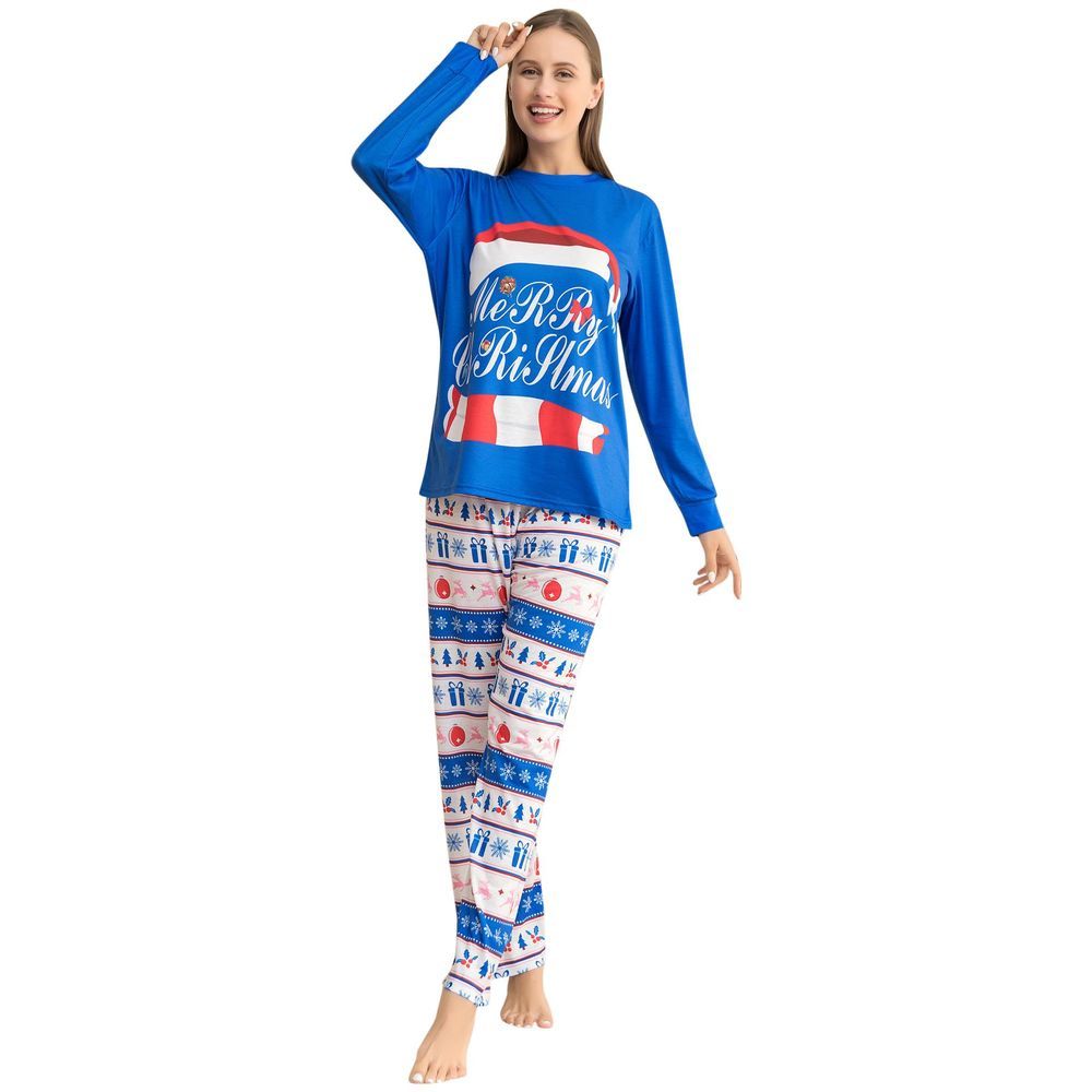 Sugar Rush - Women's Christmas Printed Regular Round Neck Full Sleeves Top & Bottom Set - Blue