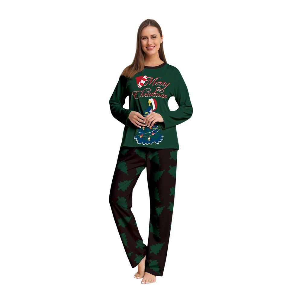 Sugar Rush - Women's Christmas Printed Regular Round Neck Full Sleeves Top & Bottom Set - Dark Green