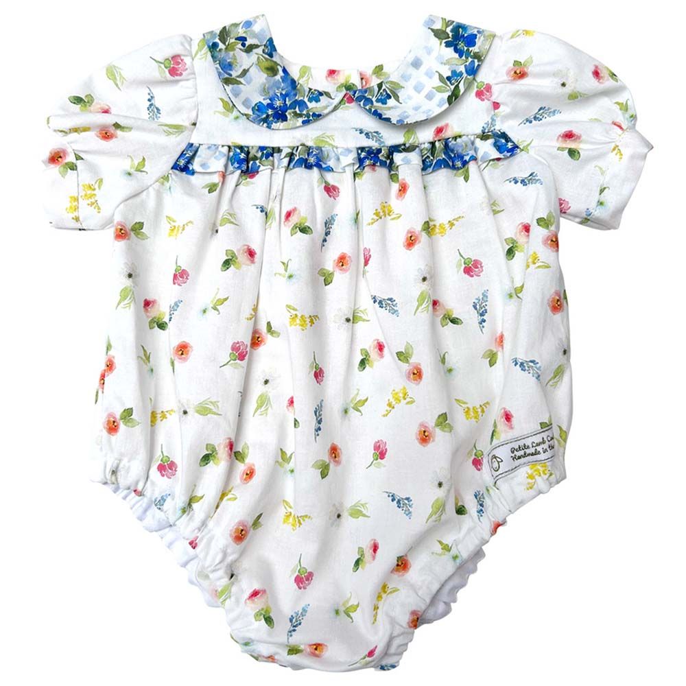 Petite Lamb - Floral Couture Romper - White/Blue