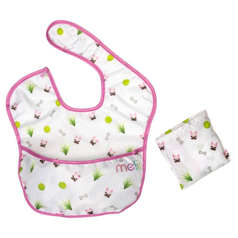 Melii - Fold Up Bib - 2pcs - White & Pink Bulldog 