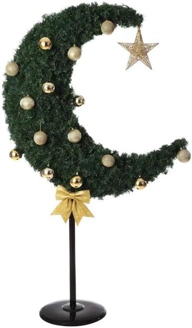 Homesmiths - Ramadan Crescent Moon Tree W/ Lights, Balls, Star & Bow - 90cm - Green