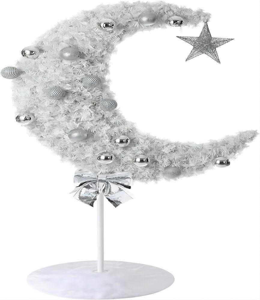 Homesmiths - Ramadan Crescent Moon Tree W/ Lights, Balls, Star & Bow - 90cm - White