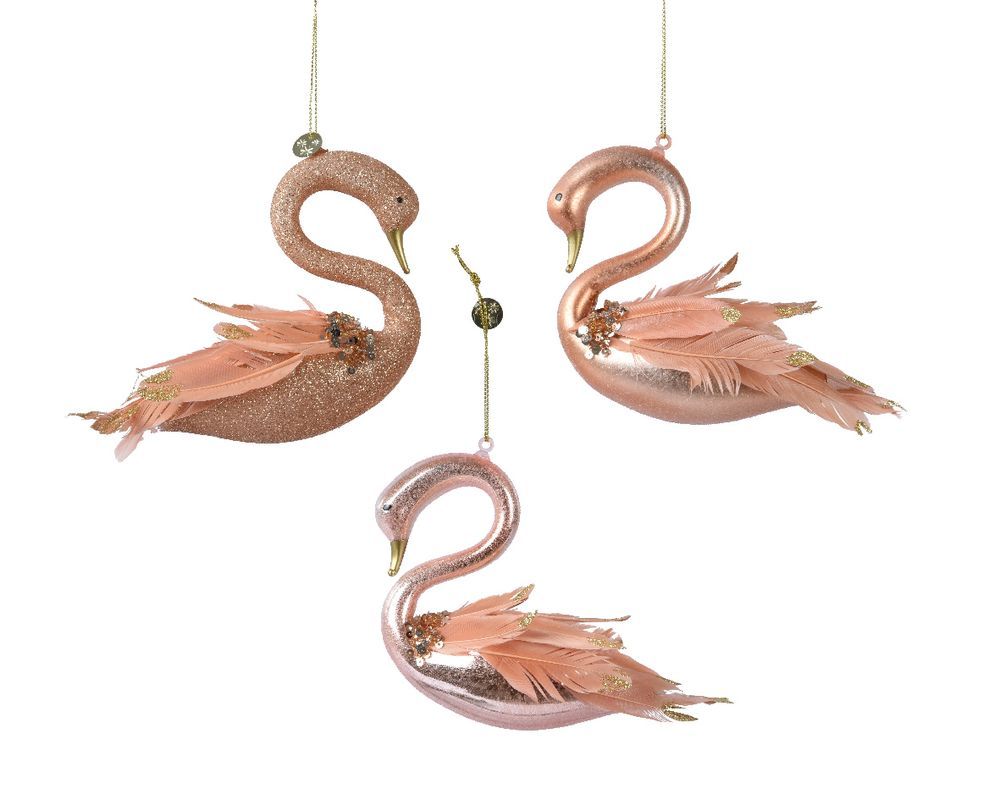 Kaemingk - Glass Swan With Sequins And Feather - Pink - Style May Vary - 1 Pc