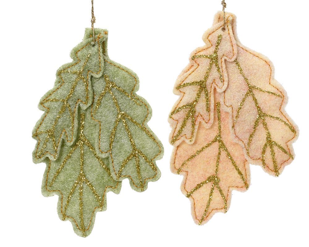 Kaemingk - Leaves Decoration - Felt Glitters Cream & Green 16.5cm 1pc - Style May Vary