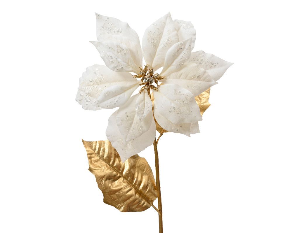 Kaemingk - Poinsettia on Stem - Polyester Velvet - Gold Leaves - White - 1 Pc