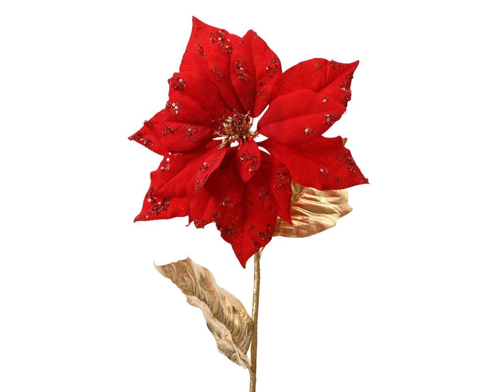 Kaemingk - Poinsettia on Stem - Polyester Velvet - Gold Leaves - Red - 1 Pc