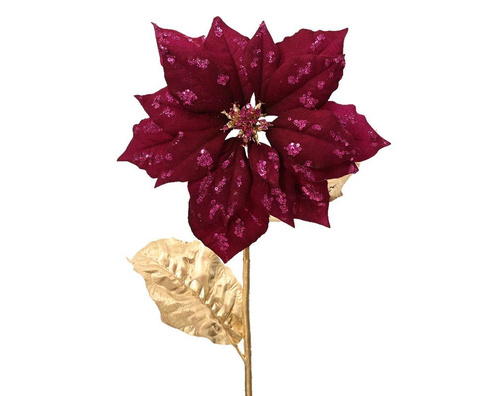 Kaemingk - Poinsettia on Stem - Polyester Velvet - Gold Leaves - Dark Mauve - 1 Pc