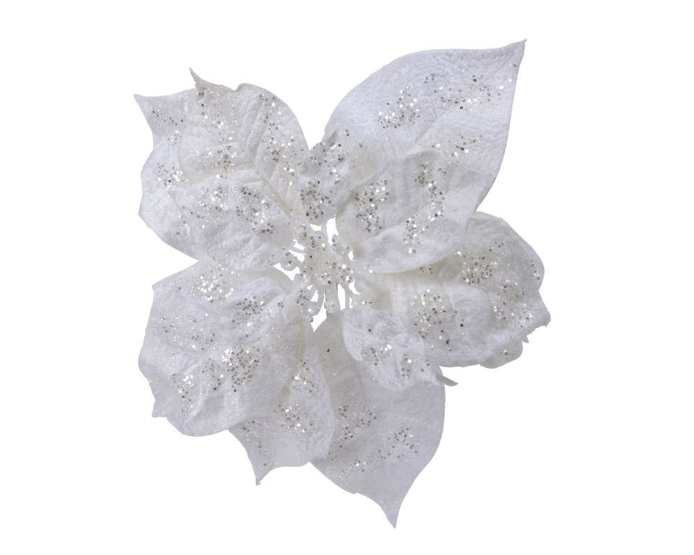 Kaemingk - Poinsettia on Clip - Polyester Glitter - White - 1 Pc