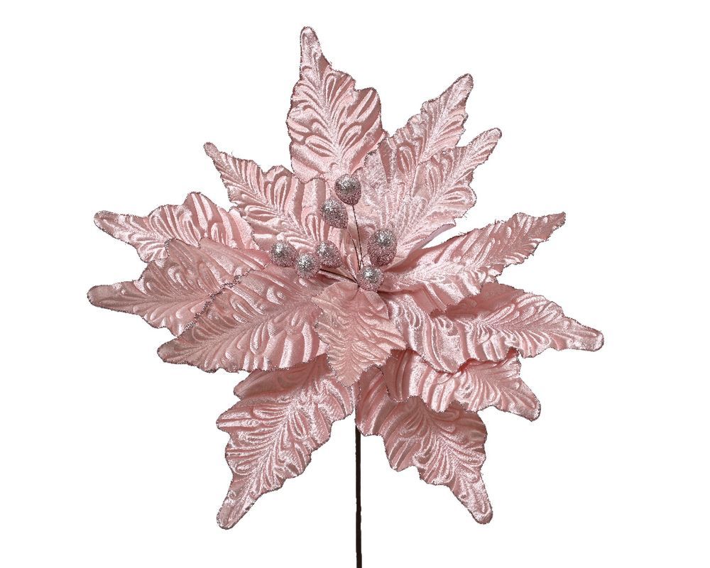 Kaemingk - Poinsettia on Clip - Polyester Velvet - Pink - 1 Pc