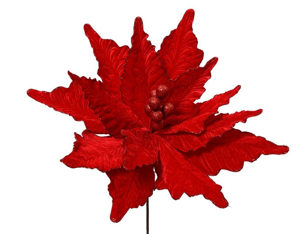 Kaemingk - Poinsettia Stem - Polyester Velvet - Red - 1 Pc