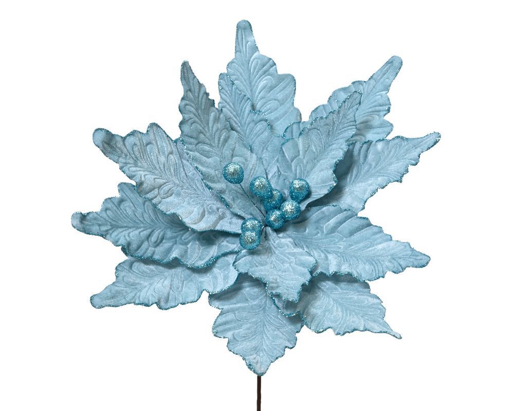 Kaemingk - Poinsettia Stem - Polyester Velvet - Light Blue - 1 Pc