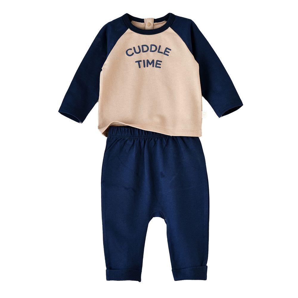 Elegant Kids - 2pc-Set - Cuddle Time Printed T-Shirt & Pants - Beige/Navy