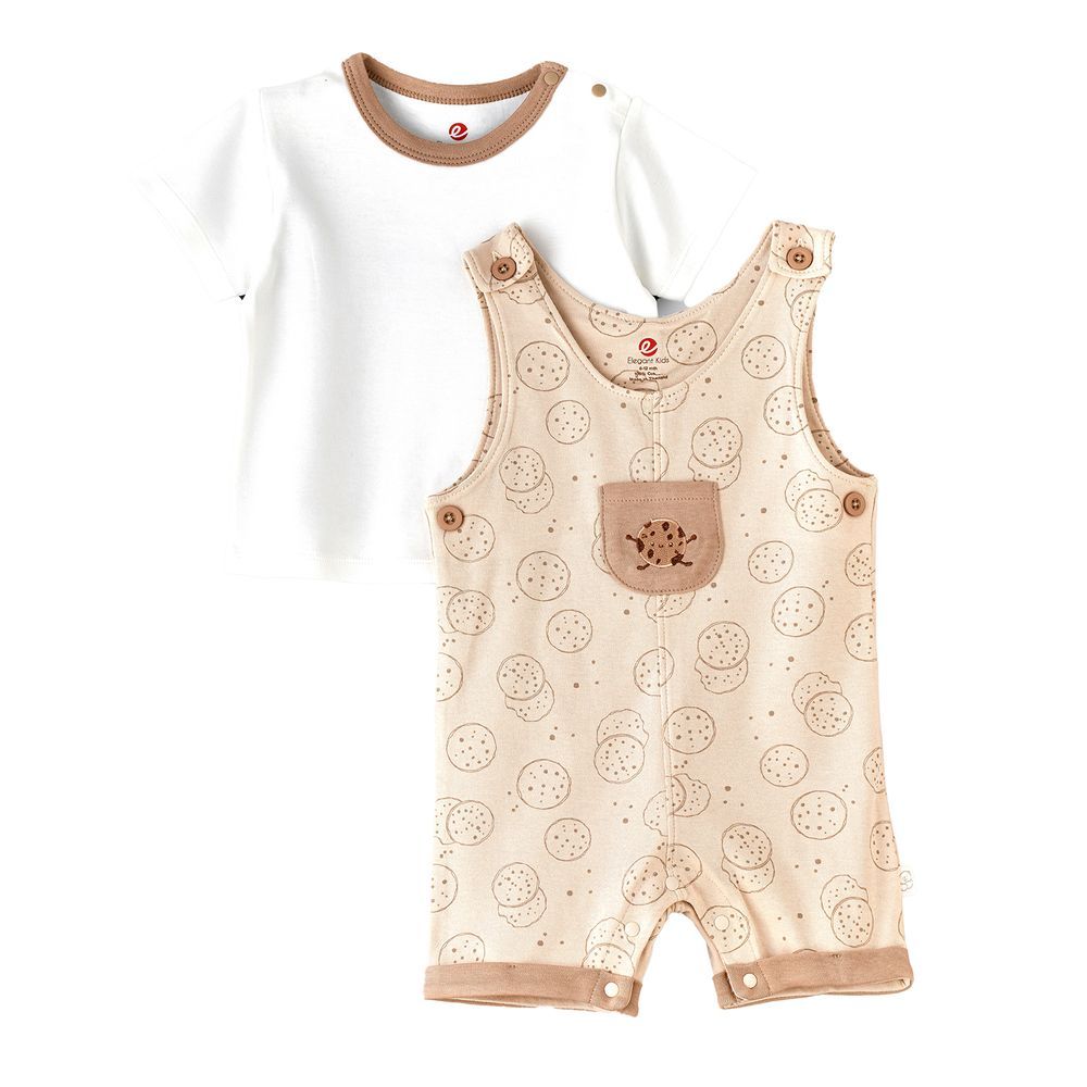 Elegant Kids - 2pc-Set - Cookie Printed Romper And Tee - Beige/White