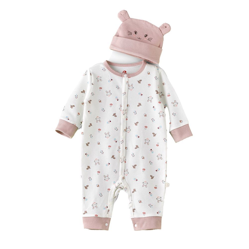 Elegant Kids - 2pc-Set - Bunny Printed Onesie And Hat - White/Pink