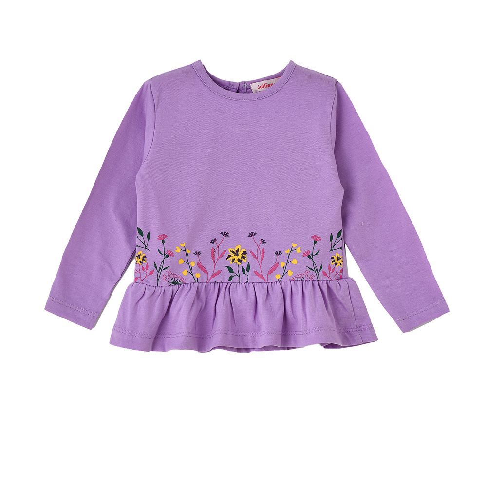 Jelliene - Girls Purple Long Sleeve Top With Floral Embroidery