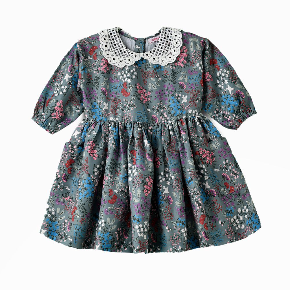 Jelliene - Twirling Through Summer Girls' Floral Sundress - Green