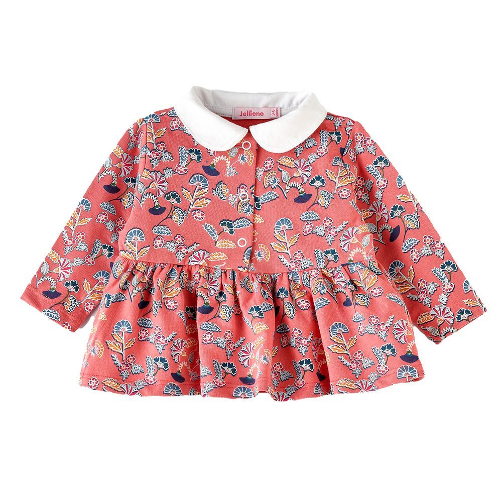 Jelliene - Baby Coral Floral Top With White Collar