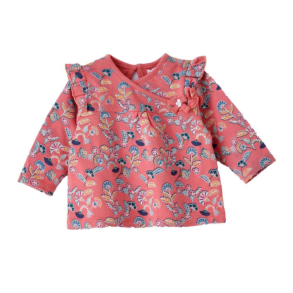 Jelliene - Baby Coral Floral Top With Ruffle Detail