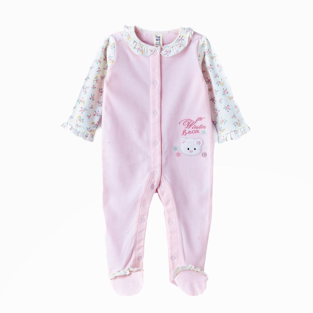 Tiny Hug - Baby Girls' Cotton Knit Sleepsuit - Floral Pink