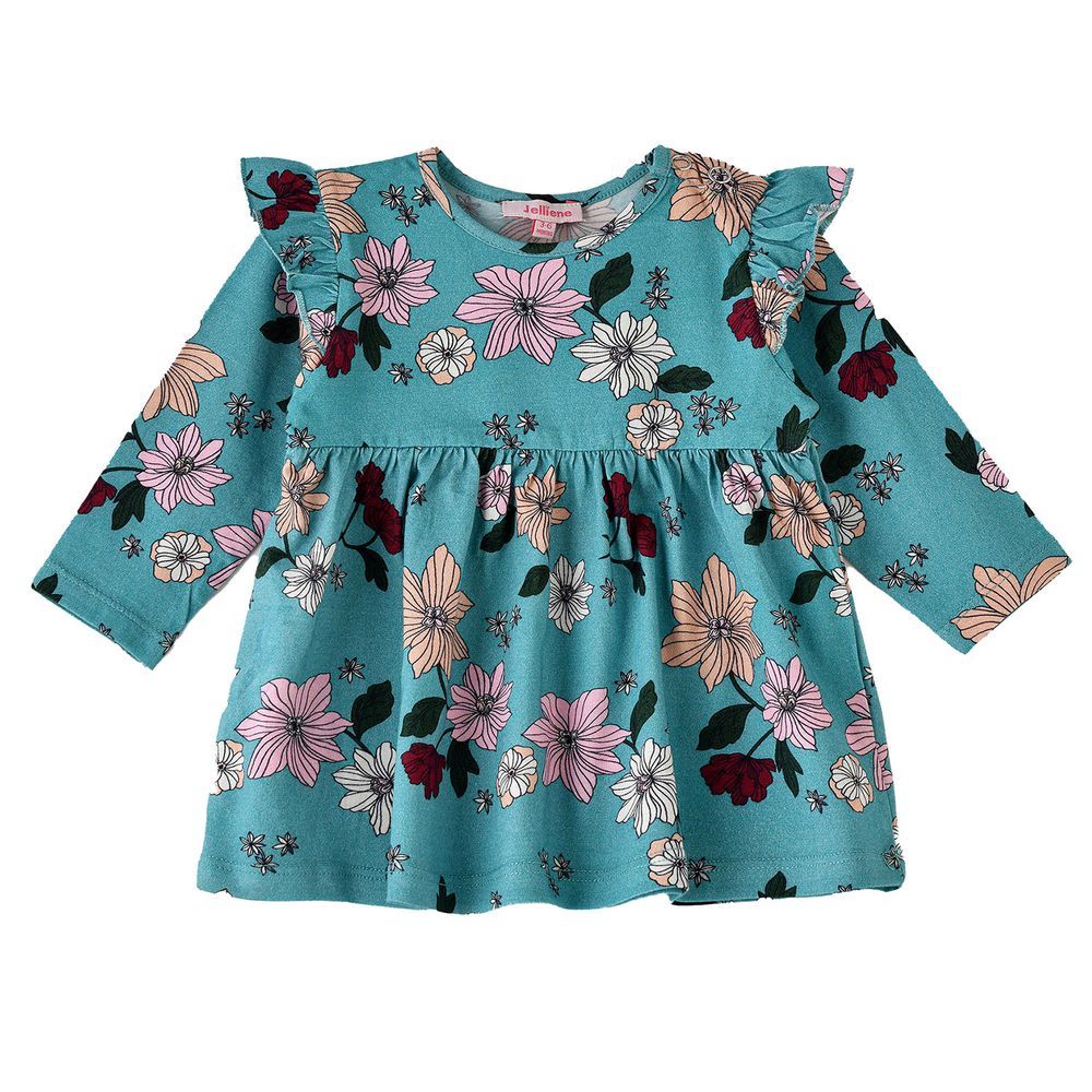 Jelliene - Girl's Floral Ruffle Long Sleeve Dress - Green