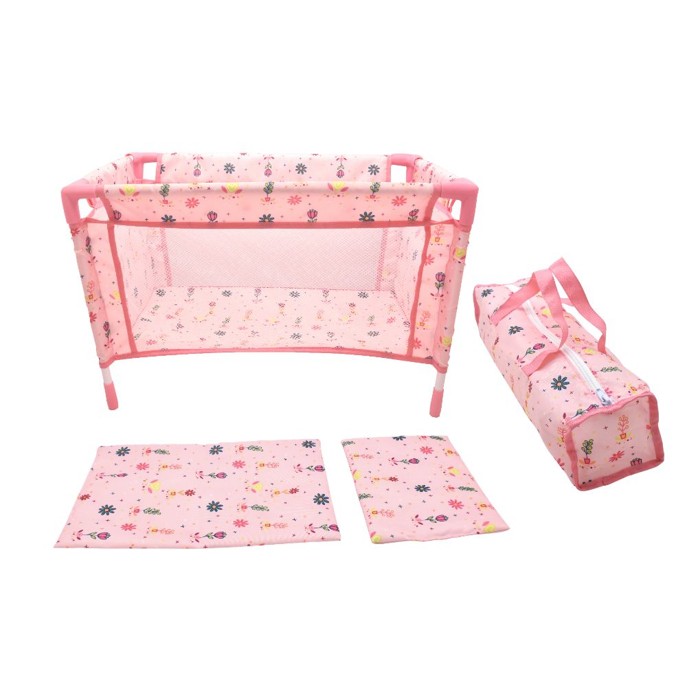 Dollsworld - Travel Cot With Quilt Pillo And Travel Bag For Dolls - Pink - Large